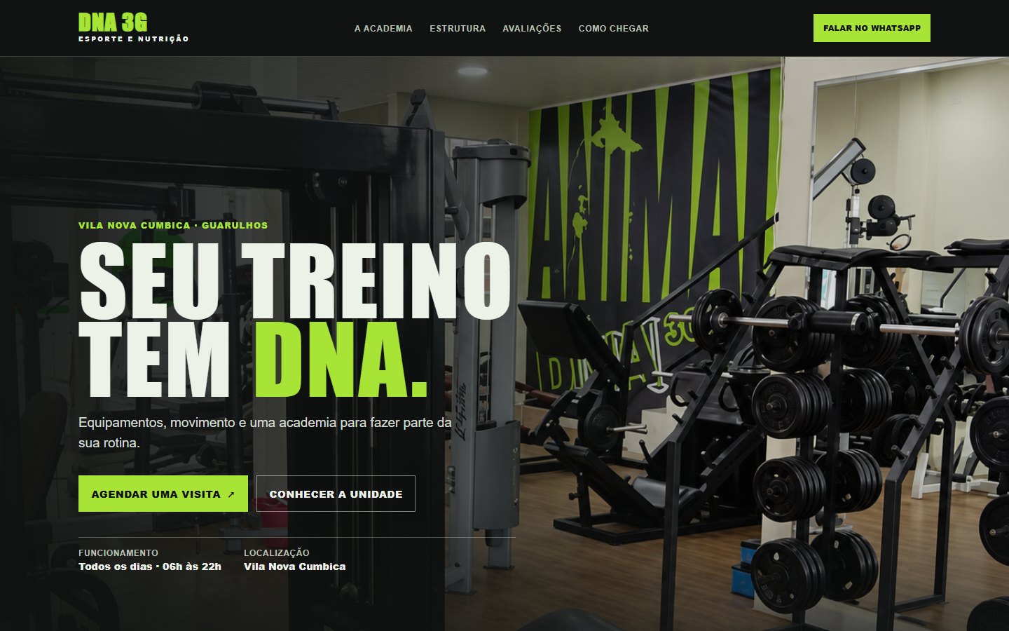 Página inicial do site da academia DNA 3G Fit