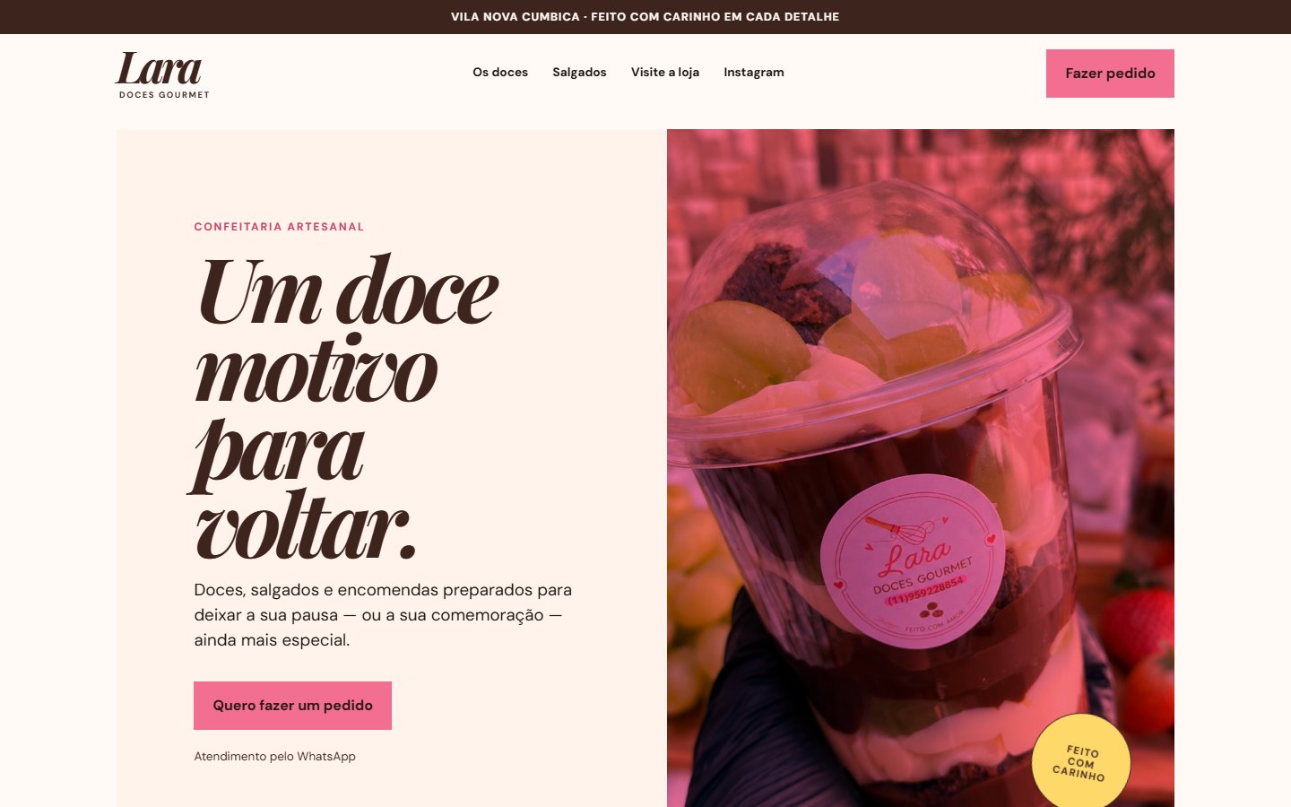 Página inicial do site Lara Doces Gourmet