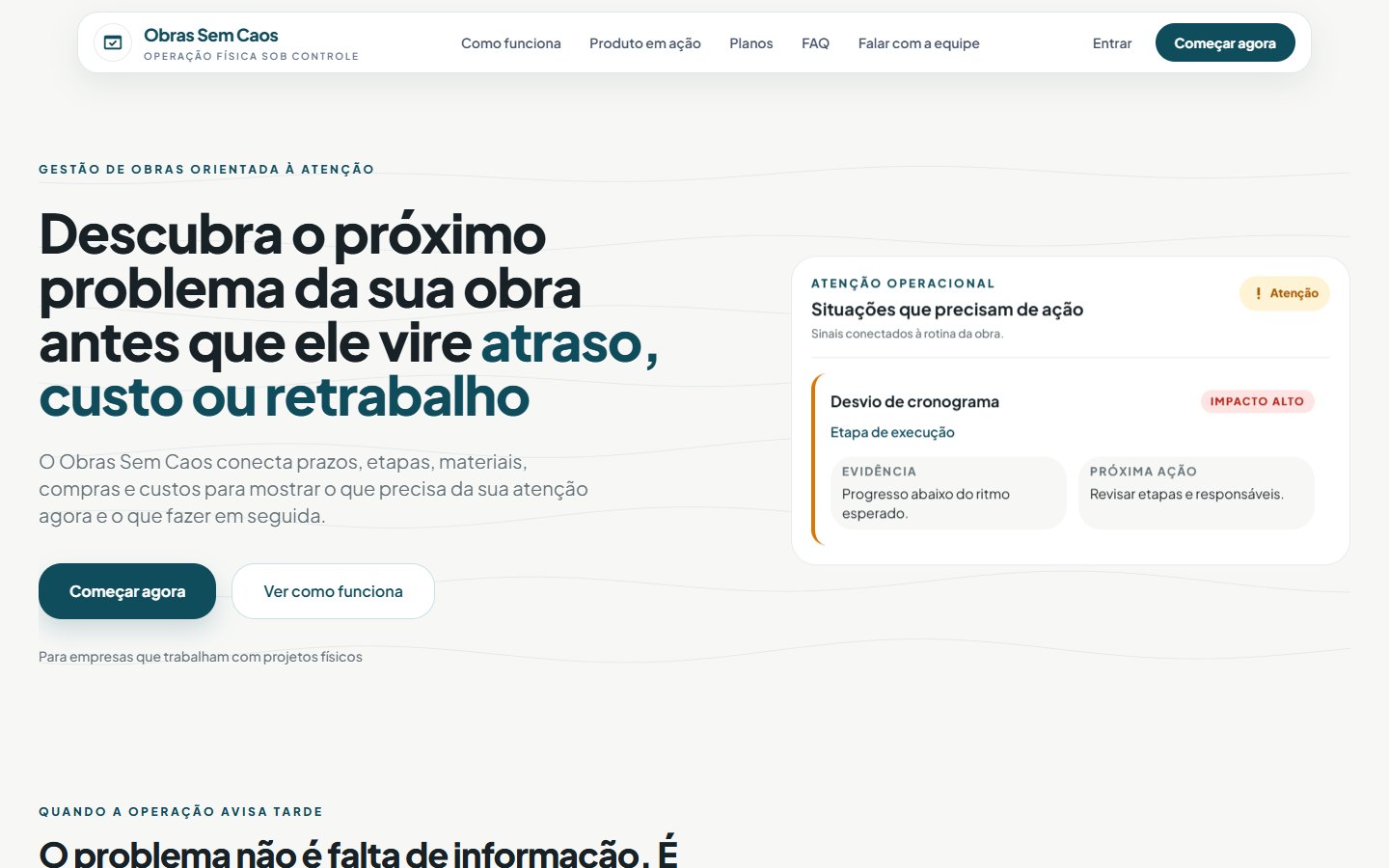Página inicial da plataforma Obras Sem Caos